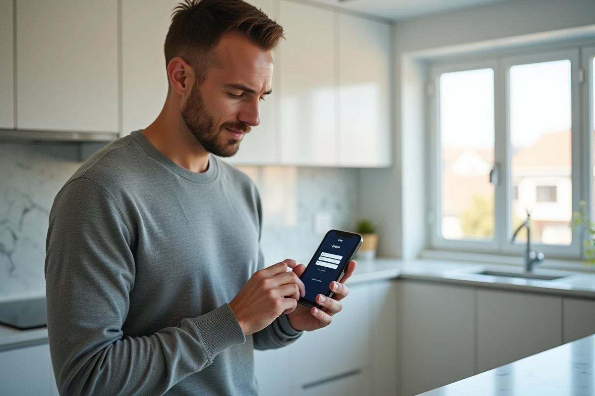 Homme à la maison consultant son compte de coffre-fort numérique sur smartphone dans la cuisine