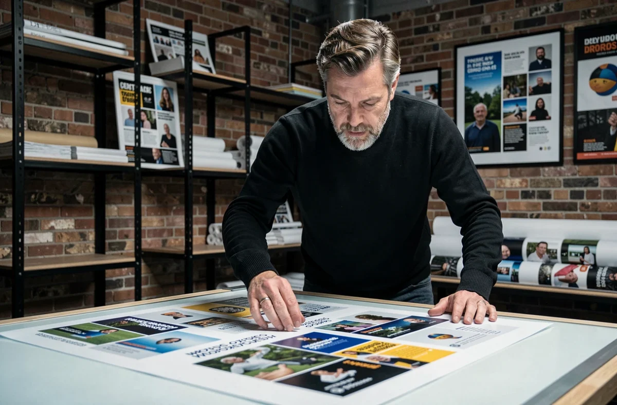 Directeur créatif d'Acide Création examinant des visuels de campagne publicitaire imprimés