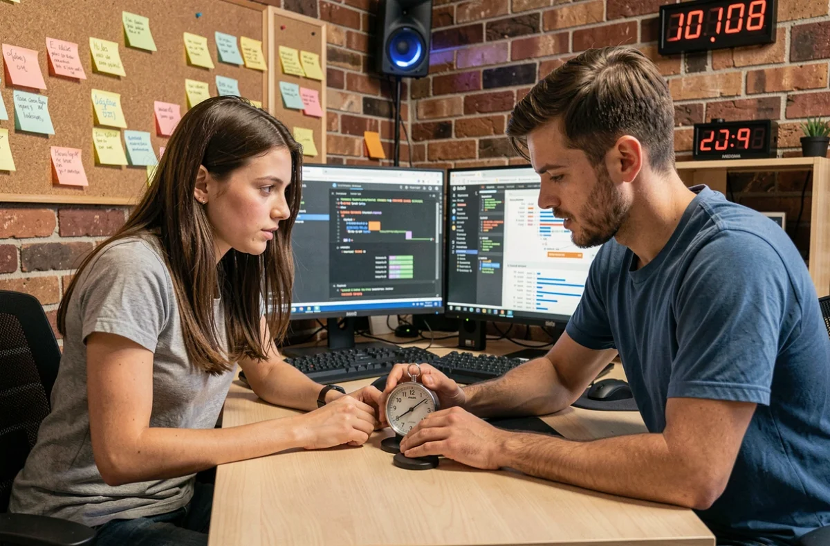 Deux développeurs de l'agence 900 Secondes en Vendée collaborant sur des prototypes web dans un studio créatif