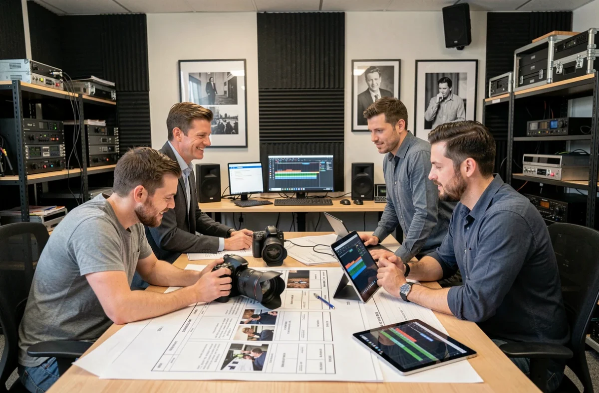 Équipe de production de MSD Media en Vendée collaborant sur un projet vidéo autour d'une table de travail