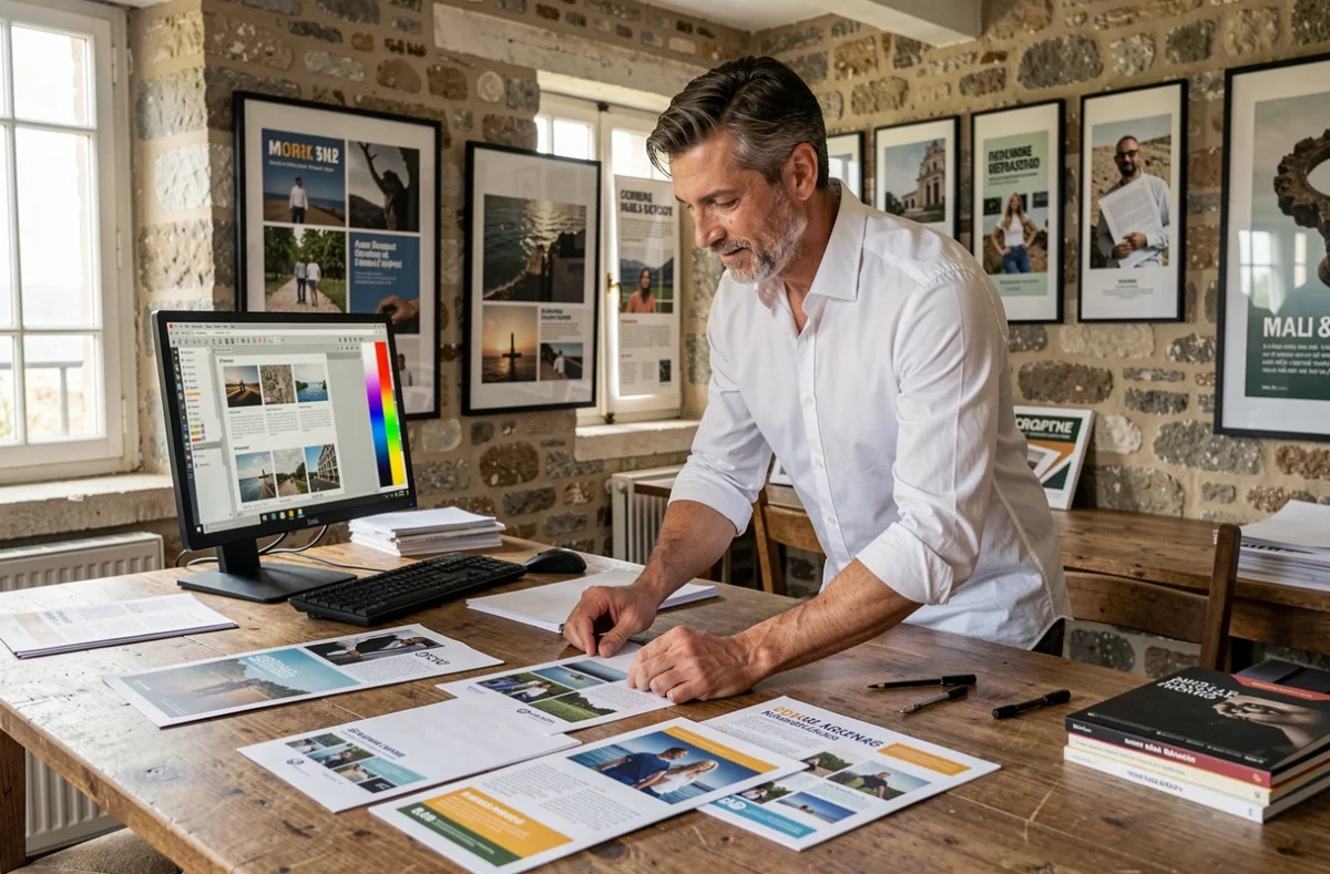 Graphiste de l'agence Ouest Communication en Vendée révisant des supports de communication imprimés dans son studio