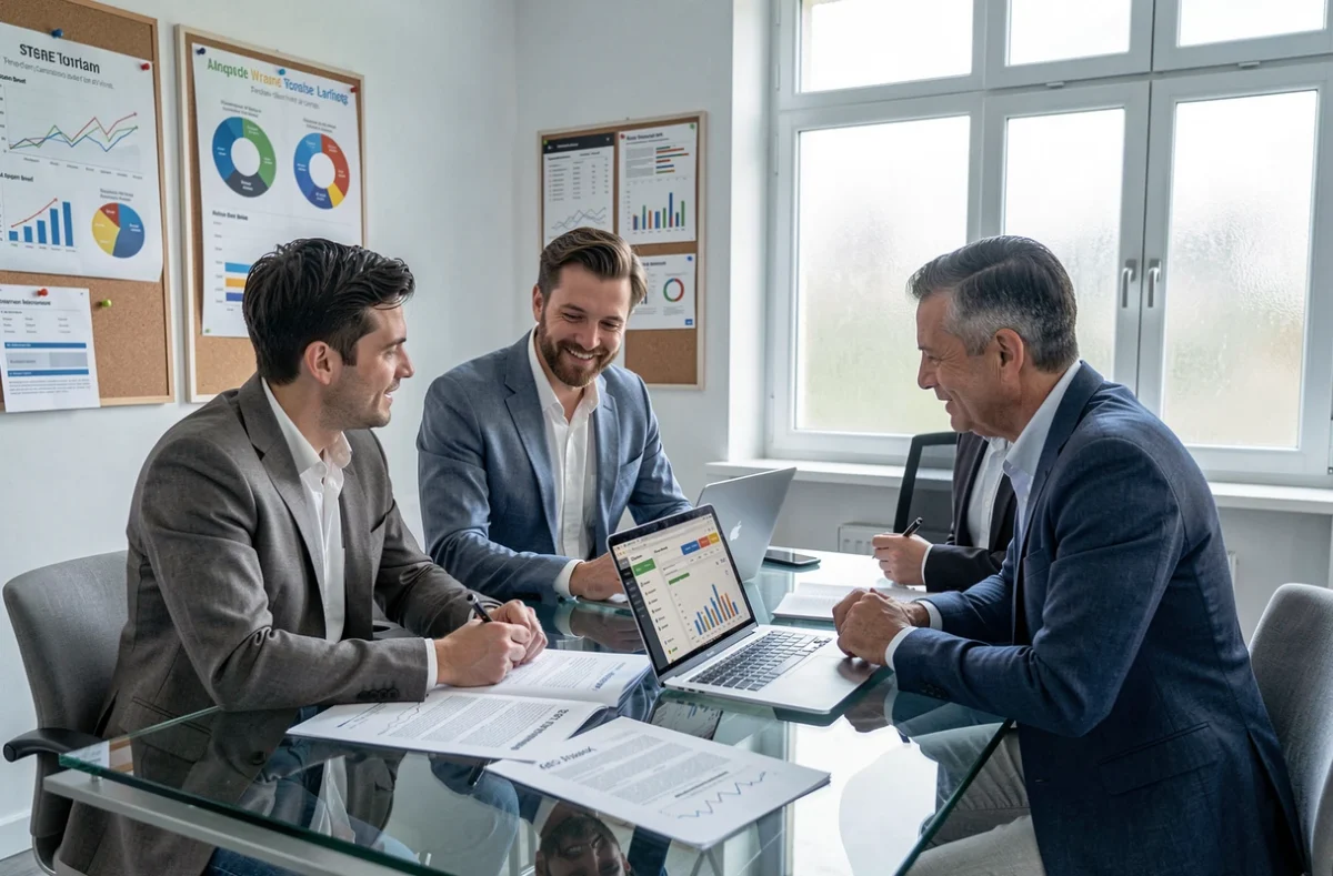 Équipe de l'agence Pixad réunie autour d'une table pour analyser des résultats de campagne digitale dans leur bureau vosgien