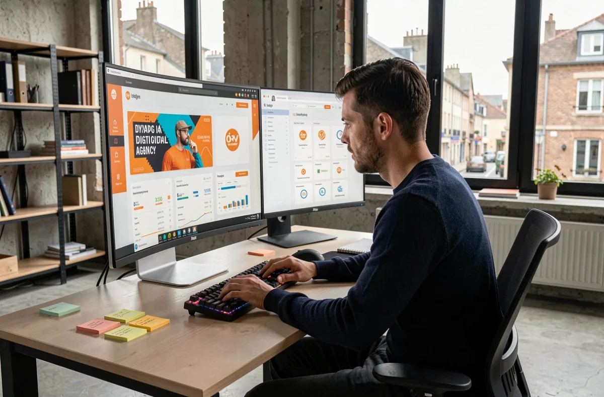 Designer de l'agence Splitfire travaillant sur une interface web moderne dans un studio créatif contemporain