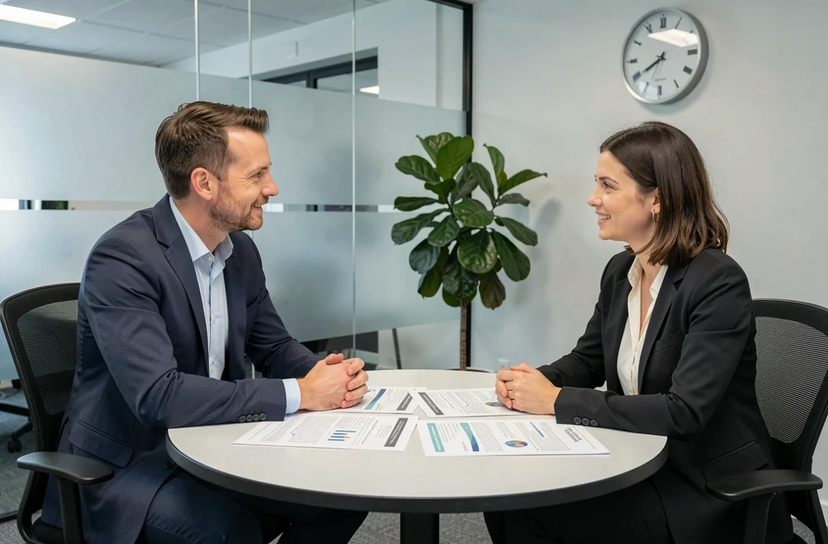 Deux consultants en communication examinant des rapports d'audit stratégique autour d'une table dans un bureau conseil à Rouen
