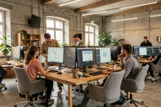 Équipe d'une agence web en Vendée travaillant dans un open-space moderne sur des projets de création de sites internet
