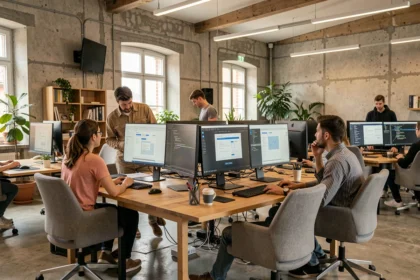 Équipe d'une agence web en Vendée travaillant dans un open-space moderne sur des projets de création de sites internet