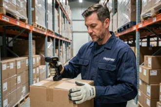 Agent Heppner scannant un colis avec un lecteur de codes-barres dans un entrepôt logistique moderne