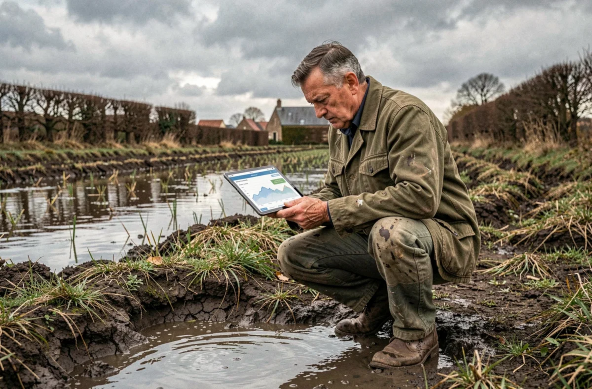 Agriculteur évaluant les dégâts climatiques sur une parcelle inondée dans la campagne française en automne