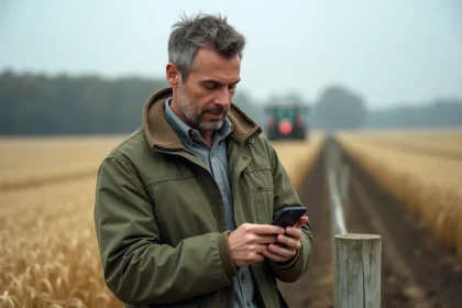 Agriculteur consultant l'application Terciel sur son smartphone au bord d'un champ de blé