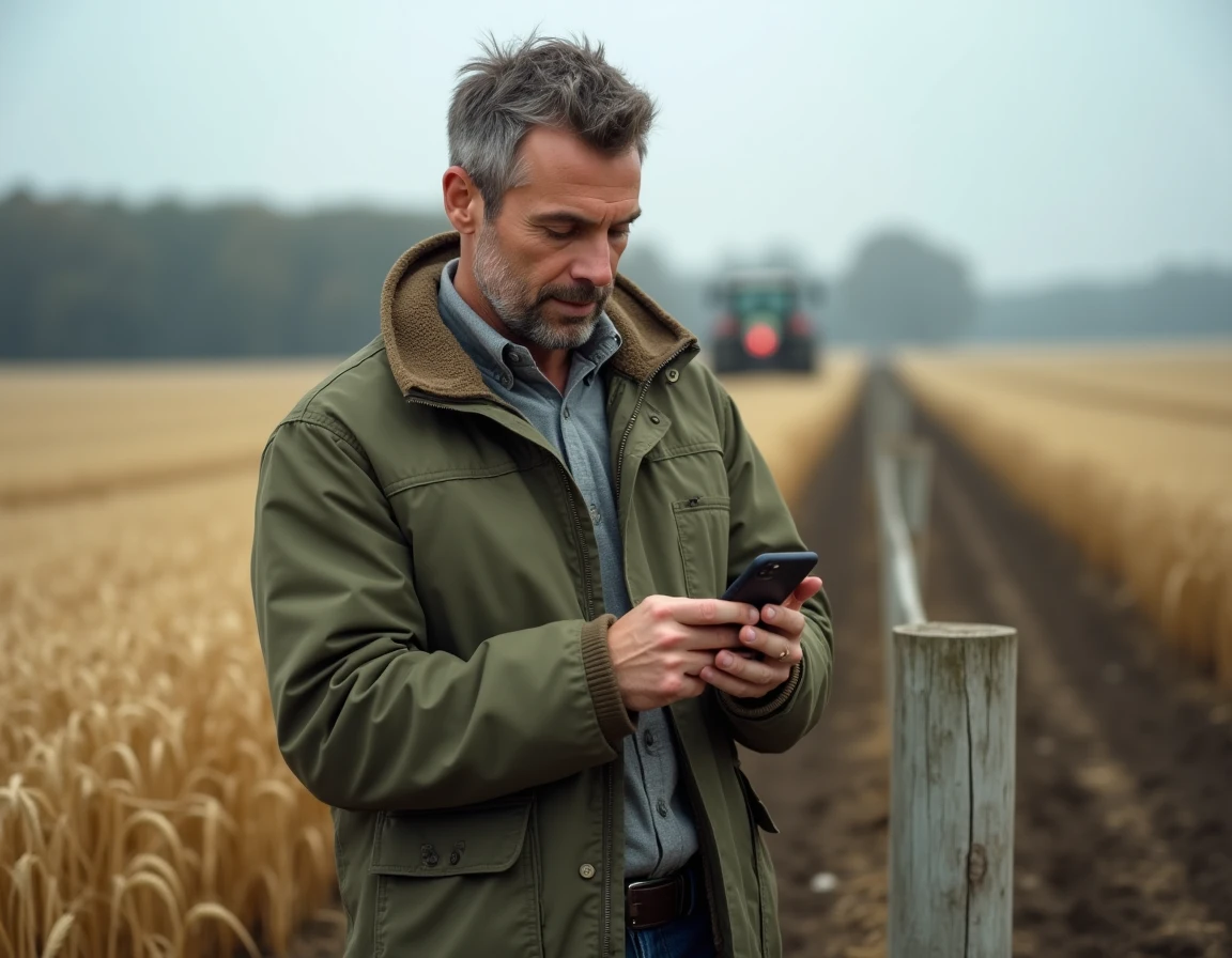 Agriculteur consultant l'application Terciel sur son smartphone au bord d'un champ de blé