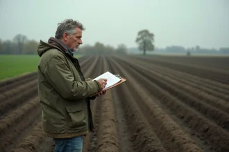 Agriculteur Terrena consultant ses documents de gestion au bord d'un champ labouré en automne
