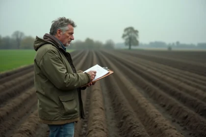 Agriculteur Terrena consultant ses documents de gestion au bord d'un champ labouré en automne