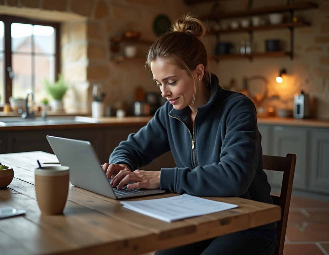 Agricultrice utilisant Terciel sur tablette dans une cuisine de ferme pour gérer son exploitation