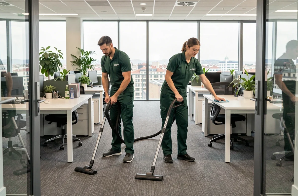 Équipe AJNET Entreprise de Propreté nettoyant un bureau open-space moderne à Toulouse avec aspirateur et chiffons microfibre
