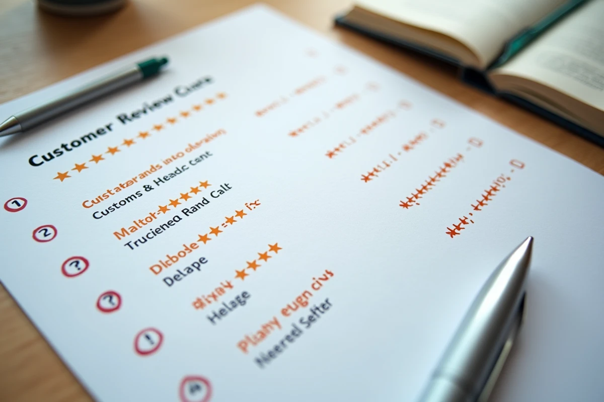 Analyse manuelle de faux avis clients avec annotations sur document imprim&eacute; pos&eacute; sur un bureau en bois