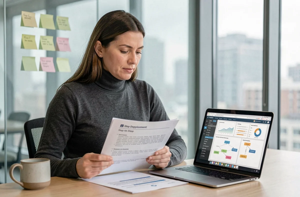 Directrice qualité analysant un guide de déploiement logiciel étape par étape dans un bureau vitré avec vue sur la ville