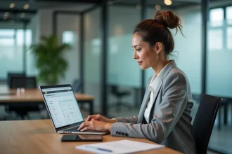 Femme analysant une comparaison de prix d'outils IA sur un ordinateur portable dans un bureau moderne