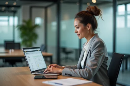 Femme analysant une comparaison de prix d'outils IA sur un ordinateur portable dans un bureau moderne