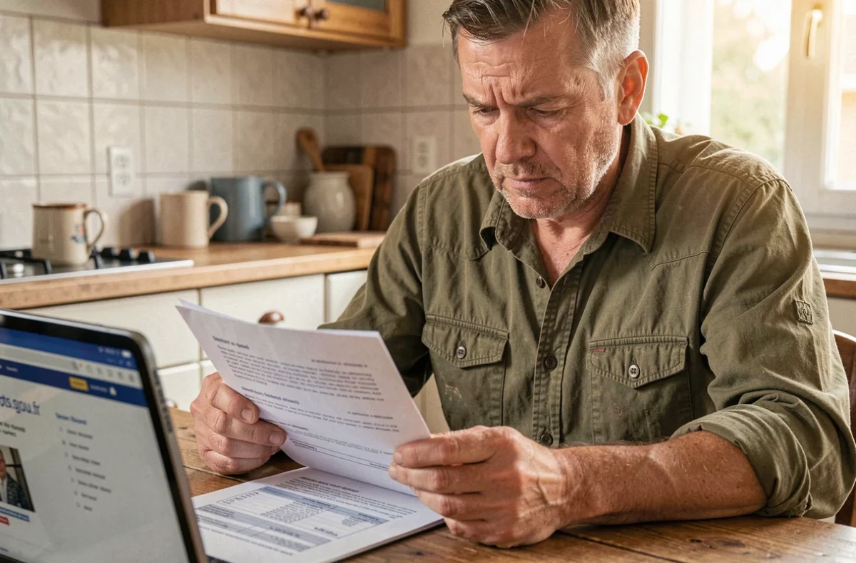 Artisan indépendant remplissant sa déclaration fiscale URSSAF dans sa cuisine
