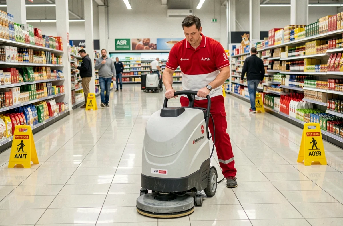 Technicien ASR Nettoyage utilisant une autolaveuse professionnelle dans un supermarché commercial en Haute-Garonne