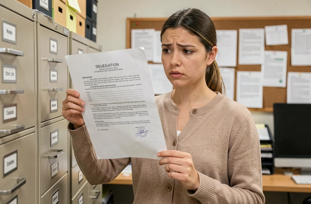 Assistante administrative tenant un document officiel et remarquant l'absence du tampon de délégation requis pour une signature pour ordre valide