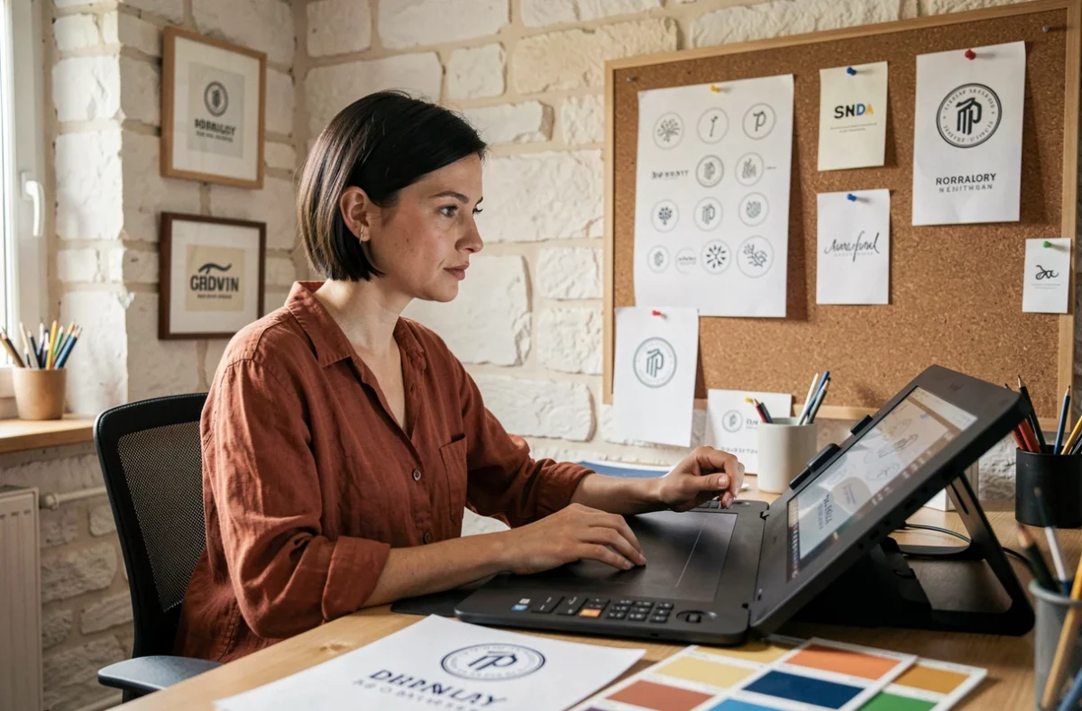 Graphiste féminine travaillant sur l'identité visuelle d'une marque avec des maquettes imprimées et des swatches Pantone dans un studio créatif normand