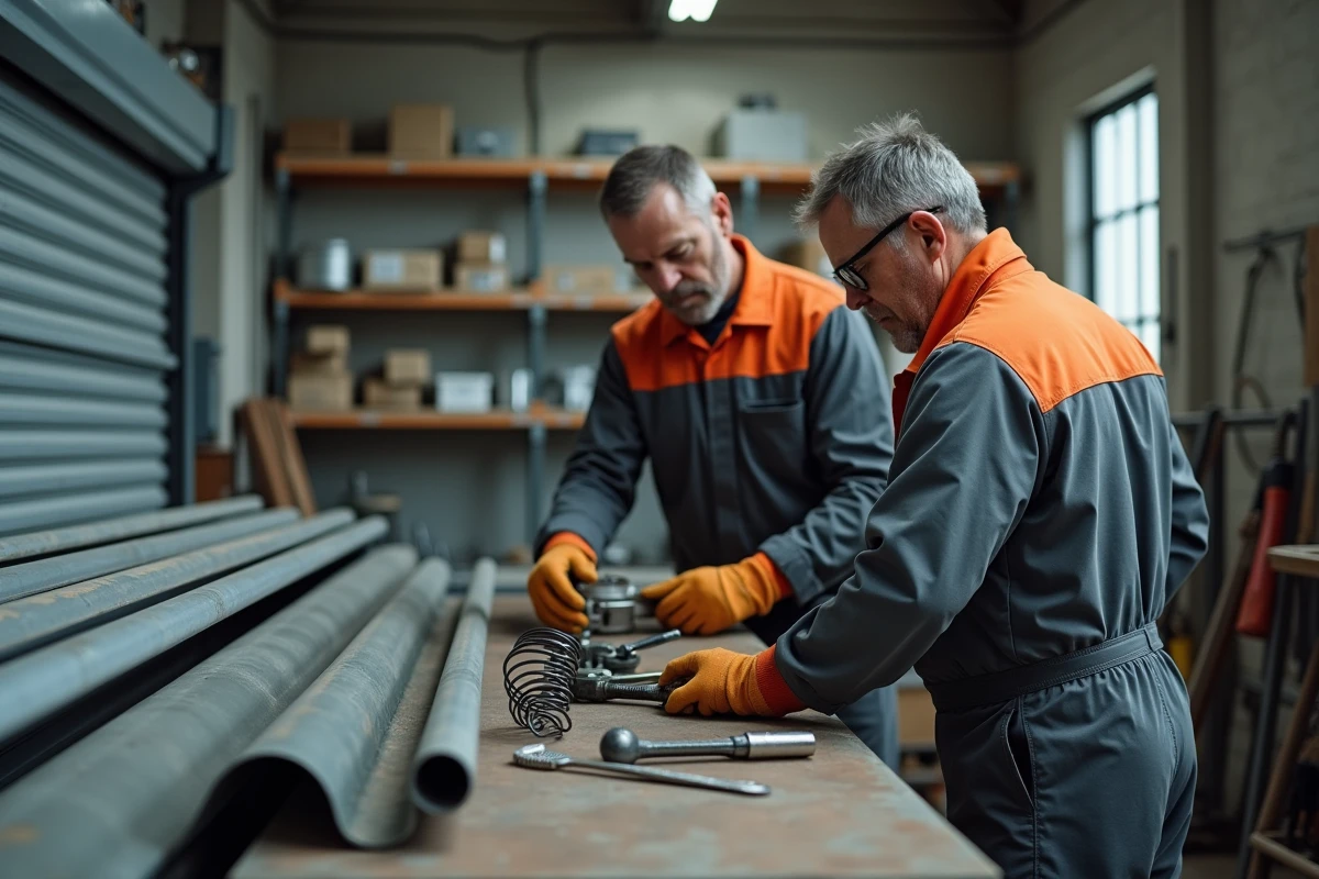 Deux techniciens réparant le mécanisme motorisé d'un rideau métallique dans un atelier professionnel