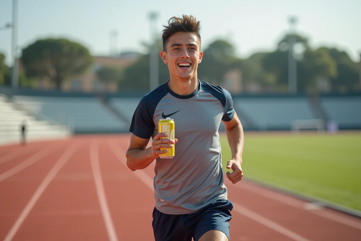 Jeune athlète courant avec boisson énergisante sur piste