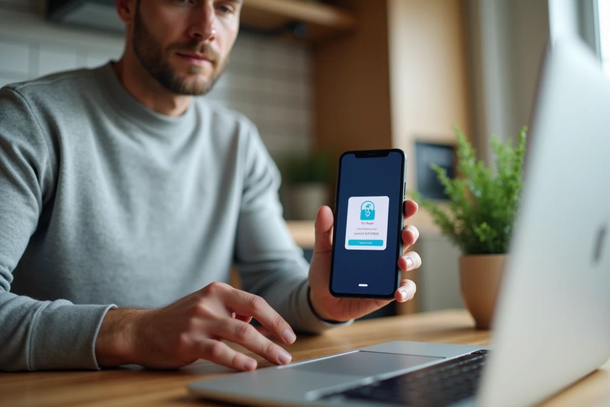 Homme utilisant l'authentification à deux facteurs pour se connecter à Octime depuis son domicile