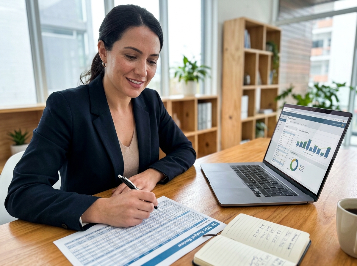 Une professionnelle d'une trentaine d'années examine un tableau budgétaire imprimé à son bureau, stylo en main, avec un ordinateur portable affichant un outil de planification financière pour organiser un cocktail d'entreprise.
