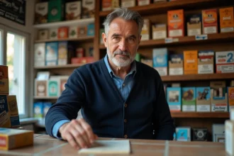 Buraliste français arrangeant des cartons de cigarettes dans une boutique