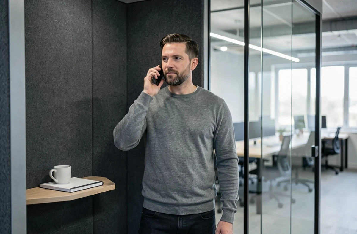 Homme en appel téléphonique dans une cabine privée d'un espace de coworking à Antibes