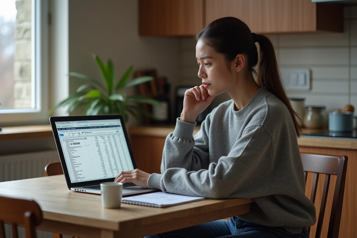 Auto-entrepreneuse livreur Amazon calcule son tarif horaire sur un ordinateur portable avec des notes manuscrites sur la table de cuisine