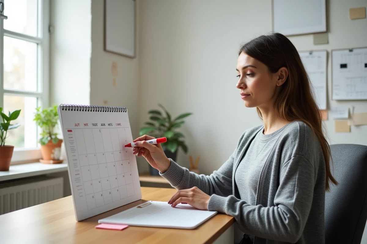 Femme marquant les jours fériés et ponts de 2026 sur un calendrier mural dans un bureau à domicile