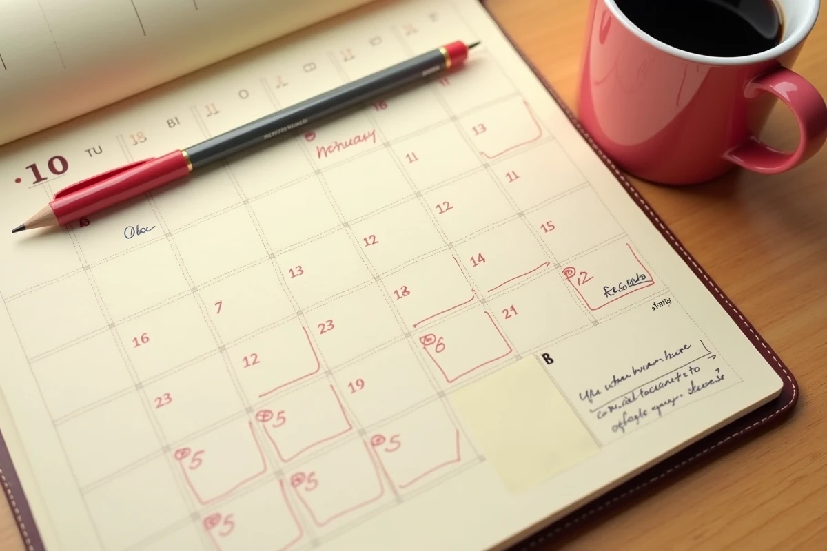 Vue aérienne d'un calendrier mensuel papier avec des dates entourées en rouge sur un bureau en bois, illustrant le calcul des jours ouvrés et ouvrables