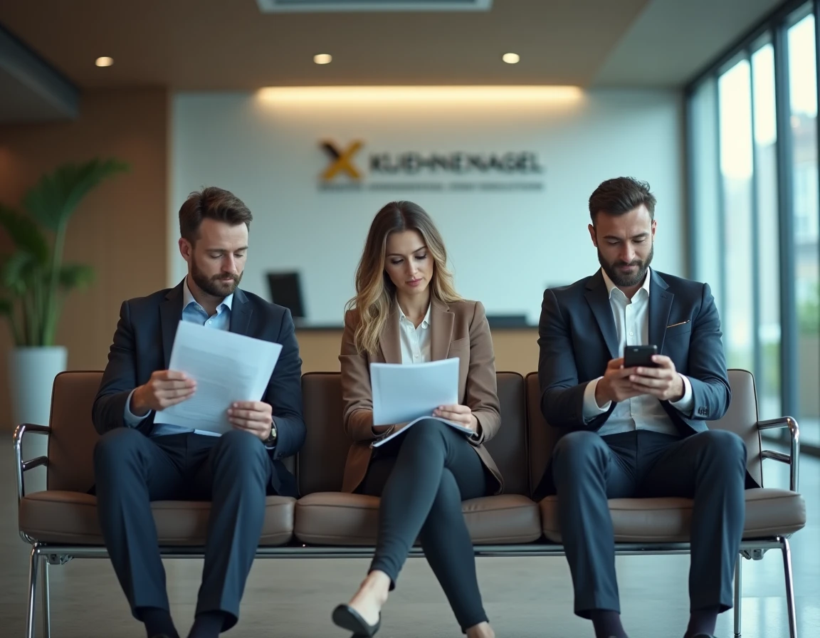Groupe de candidats en salle d'attente avant un entretien de recrutement dans un siège logistique moderne