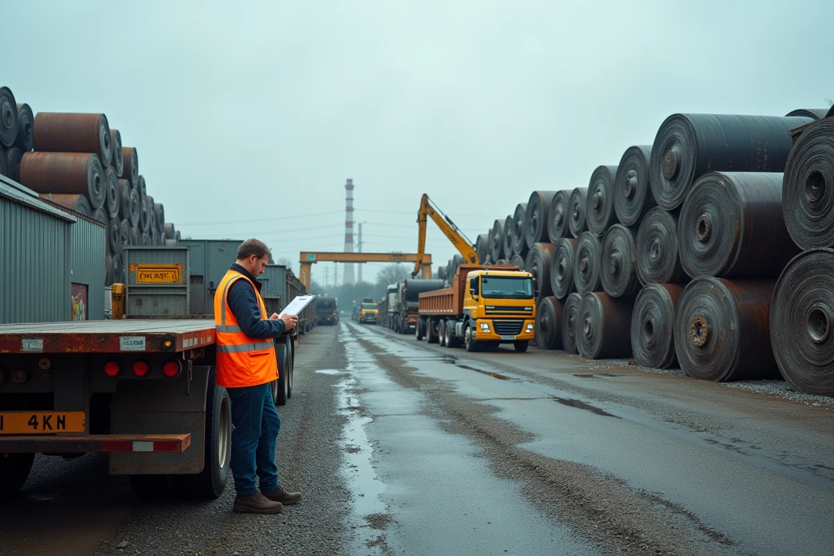 Vue extérieure d'un centre de traitement de ferraille Derichebourg avec camions et grues industrielles