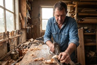 Charpentier en action dans son atelier avec outils et bois