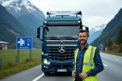 Conducteur de camion suisse devant un camion moderne en montagne