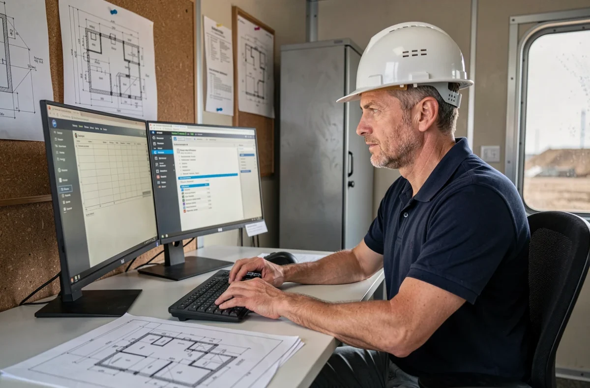 Chef de chantier comparant des logiciels BTP sur double écran dans un bureau de chantier