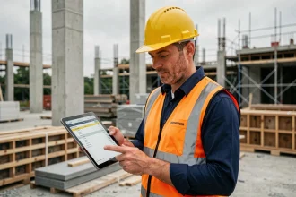 Chef de chantier consultant une application de gestion de chantier sur tablette numérique, en tenue de sécurité sur un chantier de construction actif