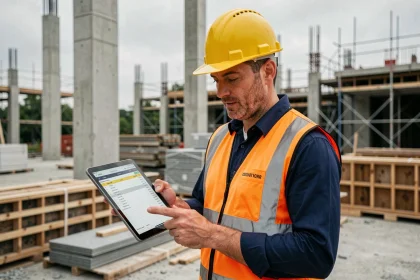 Chef de chantier consultant une application de gestion de chantier sur tablette numérique, en tenue de sécurité sur un chantier de construction actif