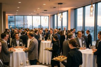 Vue d'ensemble d'un cocktail d'entreprise réussi dans une salle moderne avec des invités en tenue professionnelle, des tables hautes dressées et des serveurs proposant des canapés et des coupes de champagne.