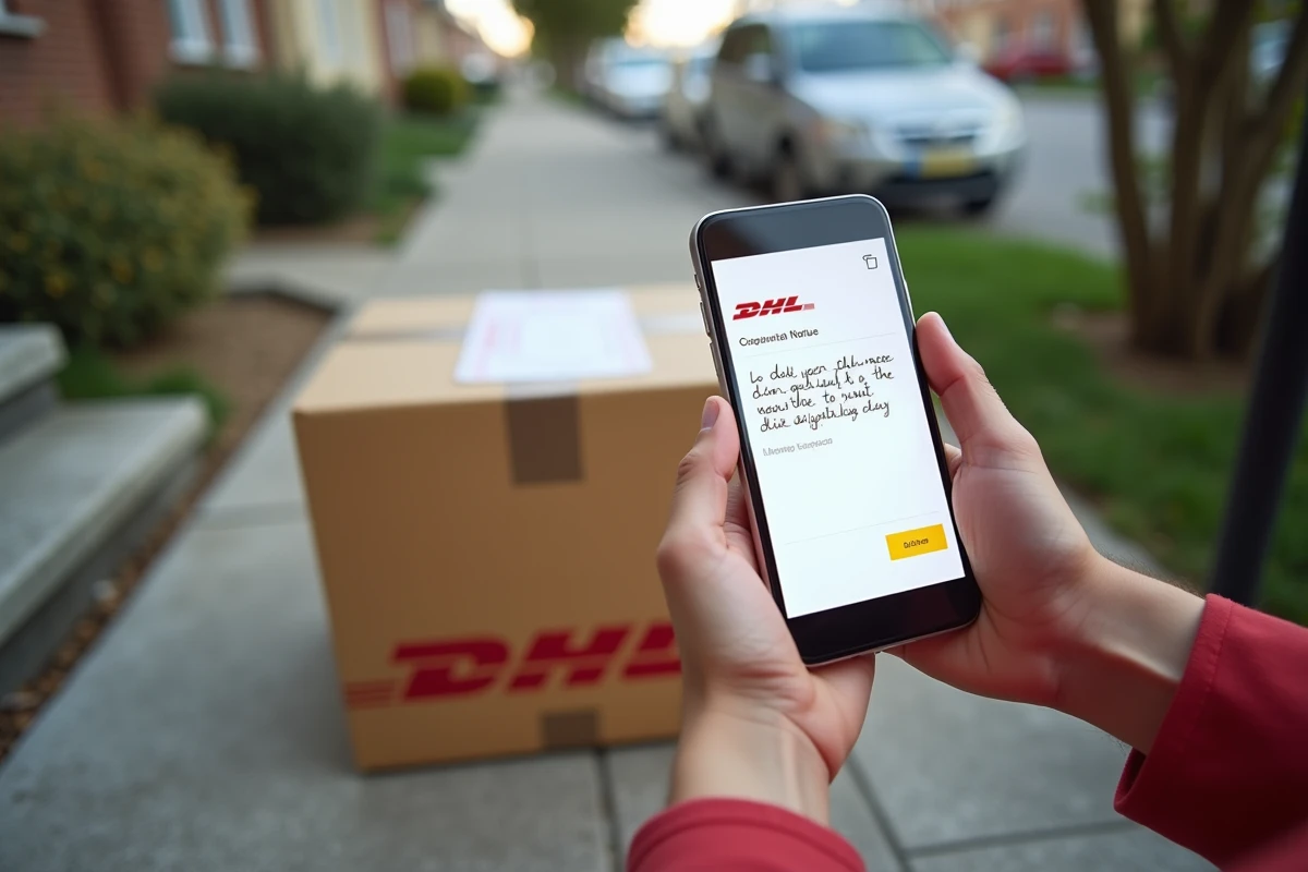 Colis DHL non livré sur un perron avec un avis de passage et un smartphone affichant le contact du service client