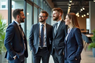 Quatre collègues de bureau discutent dans un espace moderne