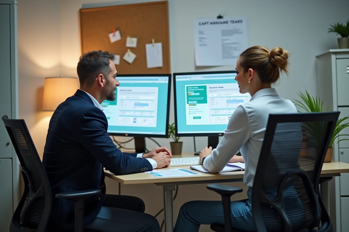 Deux collaborateurs intérimaires Air France consultant ensemble le logiciel GPNet sur un poste informatique RH