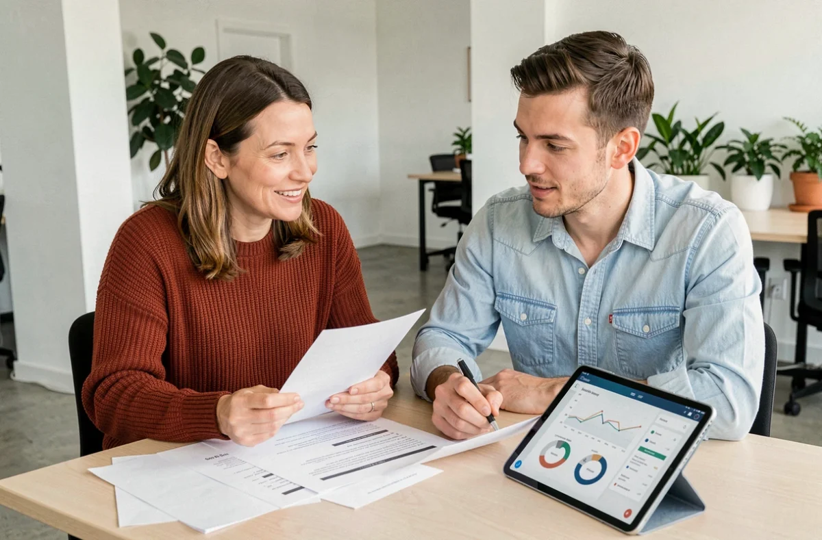 Deux collègues analysant ensemble des rapports de ventes imprimés et des statistiques numériques sur une tablette en espace de coworking