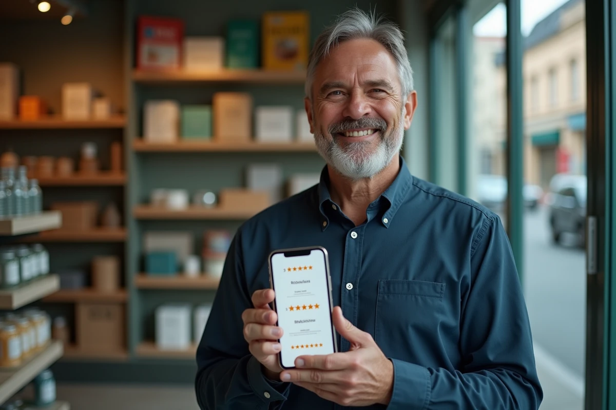 Commer&ccedil;ant consultant des avis en ligne suspects sur smartphone dans sa boutique
