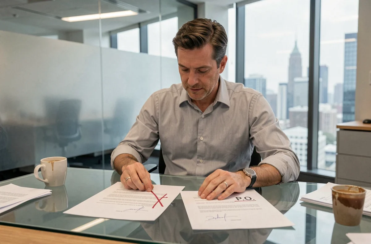Homme d'affaires comparant deux documents dont l'un comporte une erreur de signature par ordre corrigée avec la mention P.O.