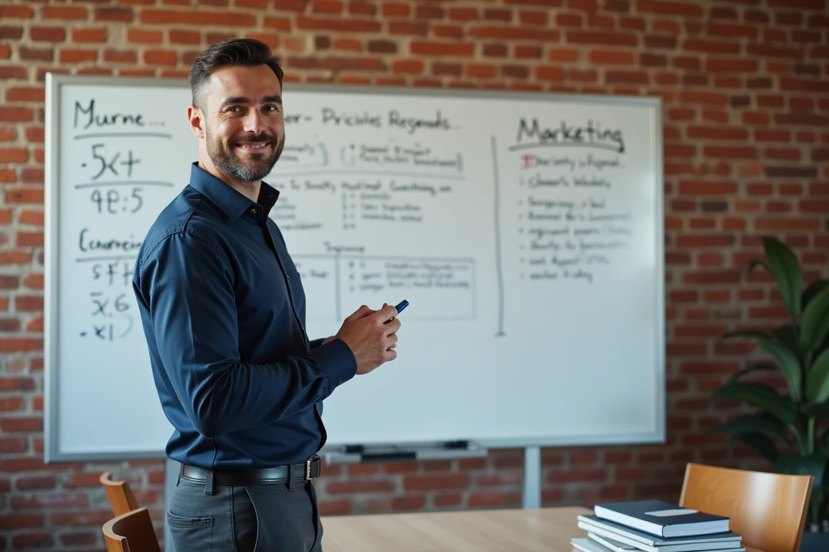 Entrepreneur comparant les tarifs d'outils marketing IA devant un tableau blanc avec des graphiques de prix